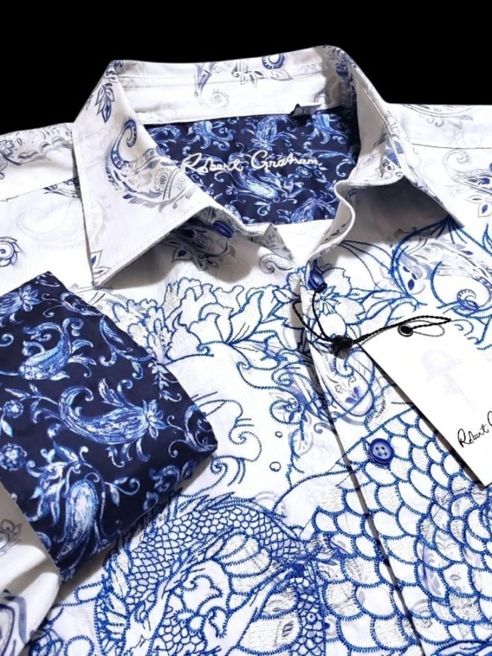 NEW Robert Graham $378 Embroidered Dragon Paisley XL Blue Classic Shirt